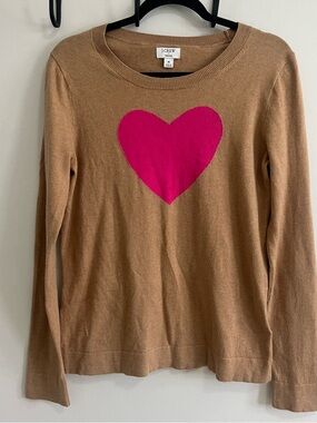 J. Crew Women's Camel Sweater with Pink Heart Graphic Teddie Minimalist Cotton